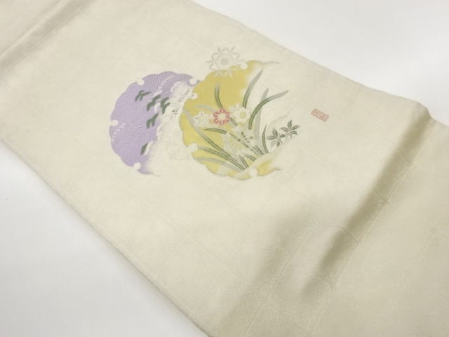 雪輪に雪の結晶・松・水仙模様織出し名古屋帯